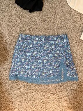 Frankie's Bikinis Blue Floral Lace Trim Mini Skirt